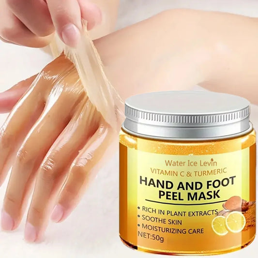 Hand and foot peel mask being applied with a jar of the product in the foreground.
