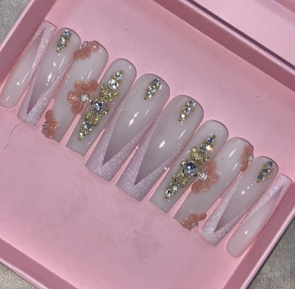 Exclusive Elegant French Design Private Label Short Matte Handmade Press Nails Fake Full Cover Rhinestone Acrylic Artificial