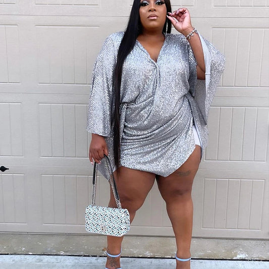 Dress Plus Size Party Birthday Dresses High Waist V Neck Batwing Sleeve Sexy Sequin Mini Silver Dress Wholesale Dropshipping