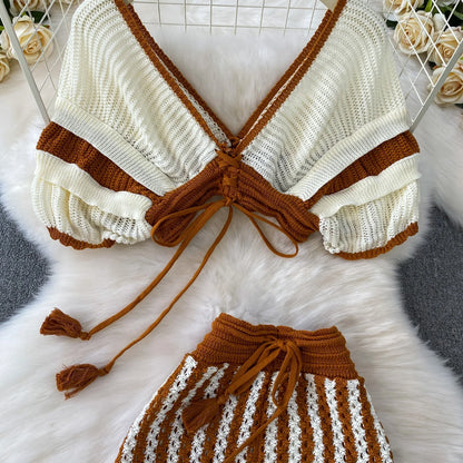 Vacation-style Lace-up V-neck Bell-sleeve Cropped Top + Knit Skirt (Two Piece Set)