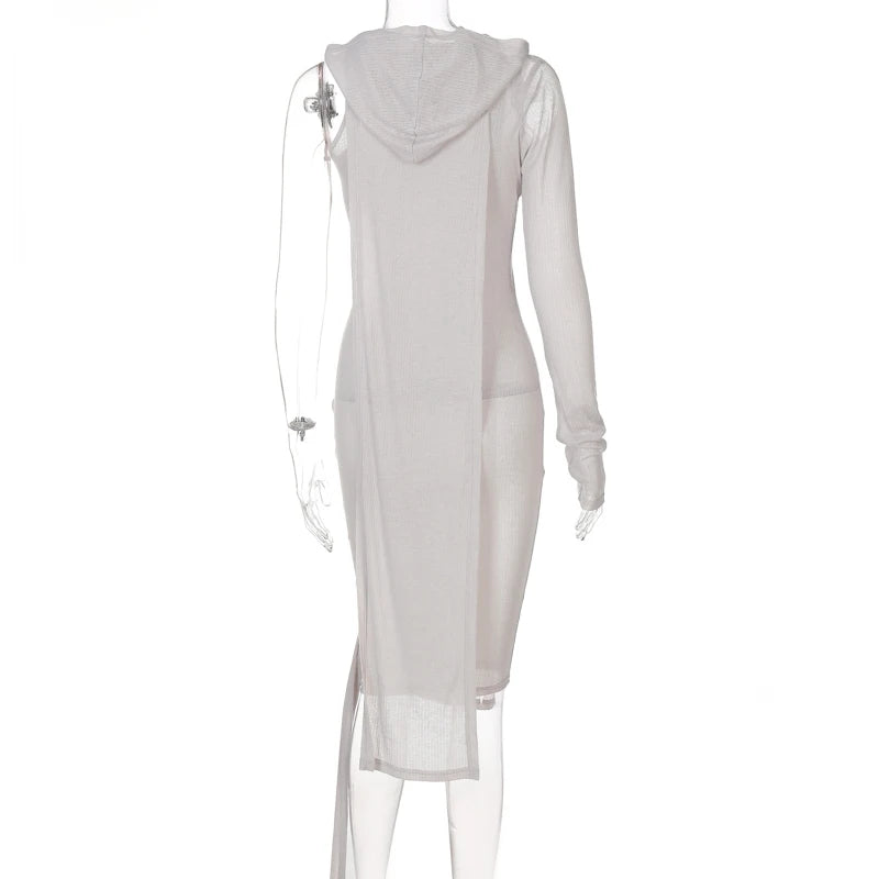 Ribbed Hooded One Sleeve Knit Asymmetric Midi Dresses Baddie Clothes