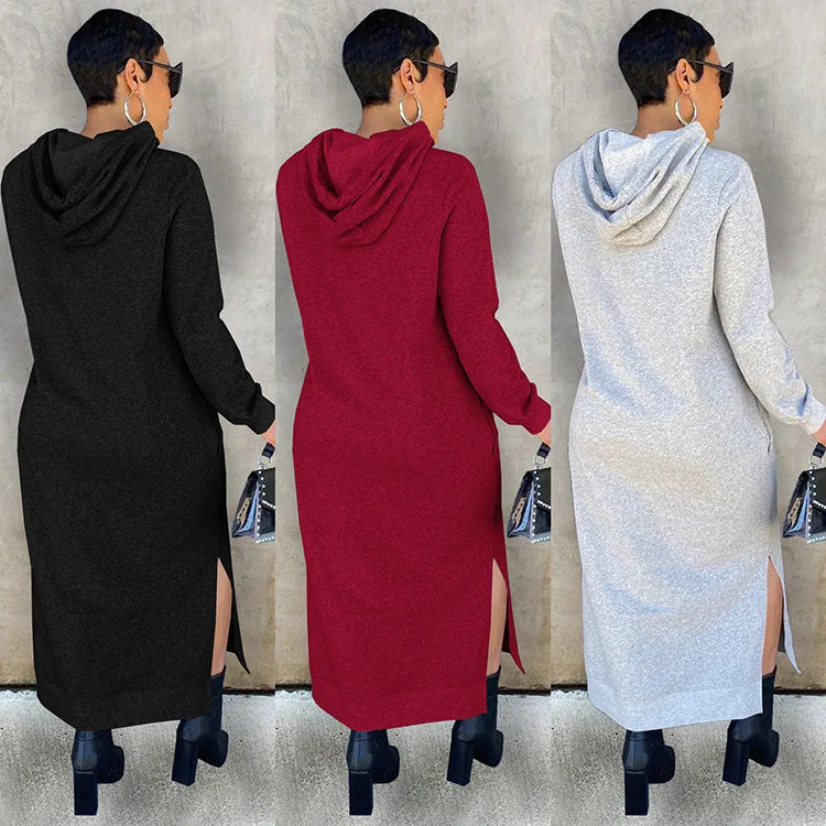 Monica Long Sleeve Hooded Solid Color Side Split Maxi Dress (Thermal)