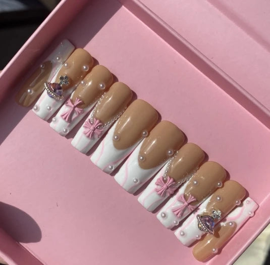 Exclusive Elegant French Design Private Label Short Matte Handmade Press Nails Fake Full Cover Rhinestone Acrylic Artificial