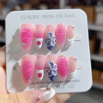 Hot Sale 3D Handmade 10pcs ABS Almond Design Press-On False Nails Fashionable Model Custom Flower Carving Soft Material