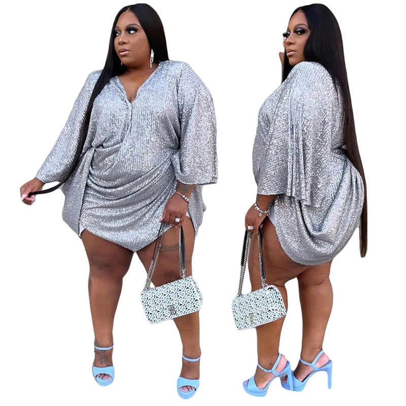 Dress Plus Size Party Birthday Dresses High Waist V Neck Batwing Sleeve Sexy Sequin Mini Silver Dress Wholesale Dropshipping