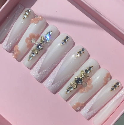 Exclusive Elegant French Design Private Label Short Matte Handmade Press Nails Fake Full Cover Rhinestone Acrylic Artificial