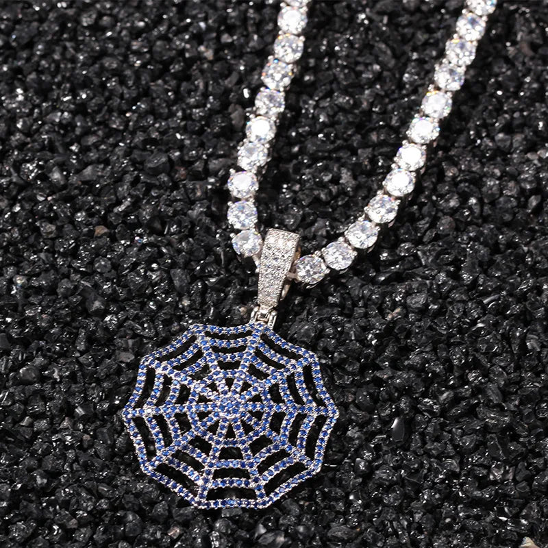 Claw Setting AAA+ CZ Stone Paved Bling Iced Out Spider Web Pendants Necklaces