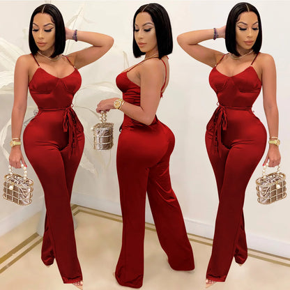 Spaghetti Strap Sleeve Straight Jumpsuits