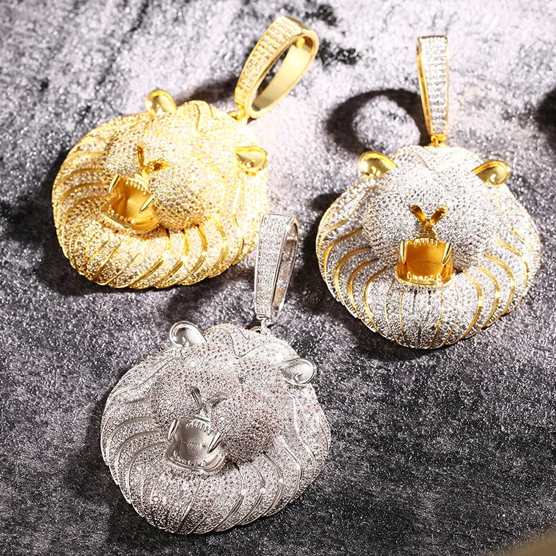 Prong Setting 3A+ CZ Stone Lion Pendants Necklace Jewelry (Gold Silver)