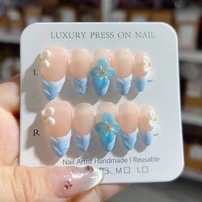 Hot Sale 3D Handmade 10pcs ABS Almond Design Press-On False Nails Fashionable Model Custom Flower Carving Soft Material