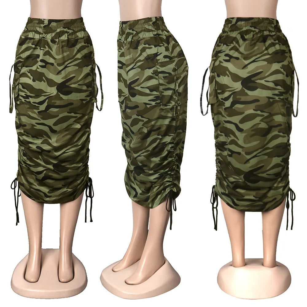 Conye Drawstring Ruched High Waist Midi Skirts (Camouflage/Newspaper)