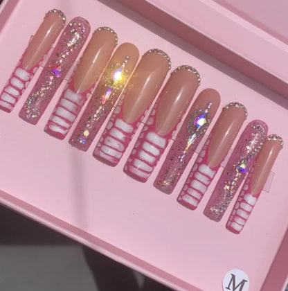 Exclusive Elegant French Design Private Label Short Matte Handmade Press Nails Fake Full Cover Rhinestone Acrylic Artificial