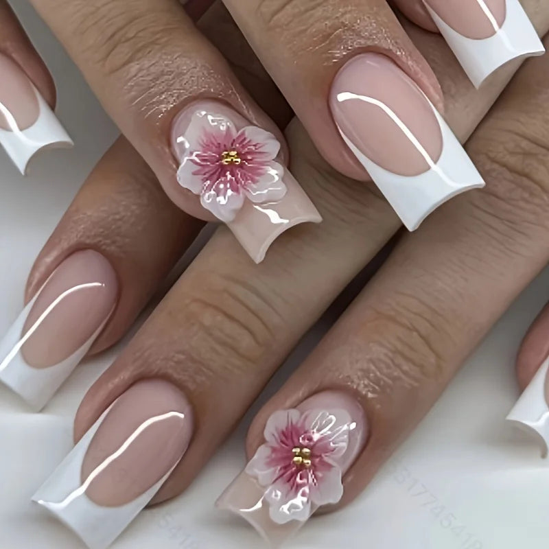 Wholesale Handmade Short Artificial Acrylic French Press Nails Luxury Coffin Style False Nail Tips Rhinestones for Fingers Salon