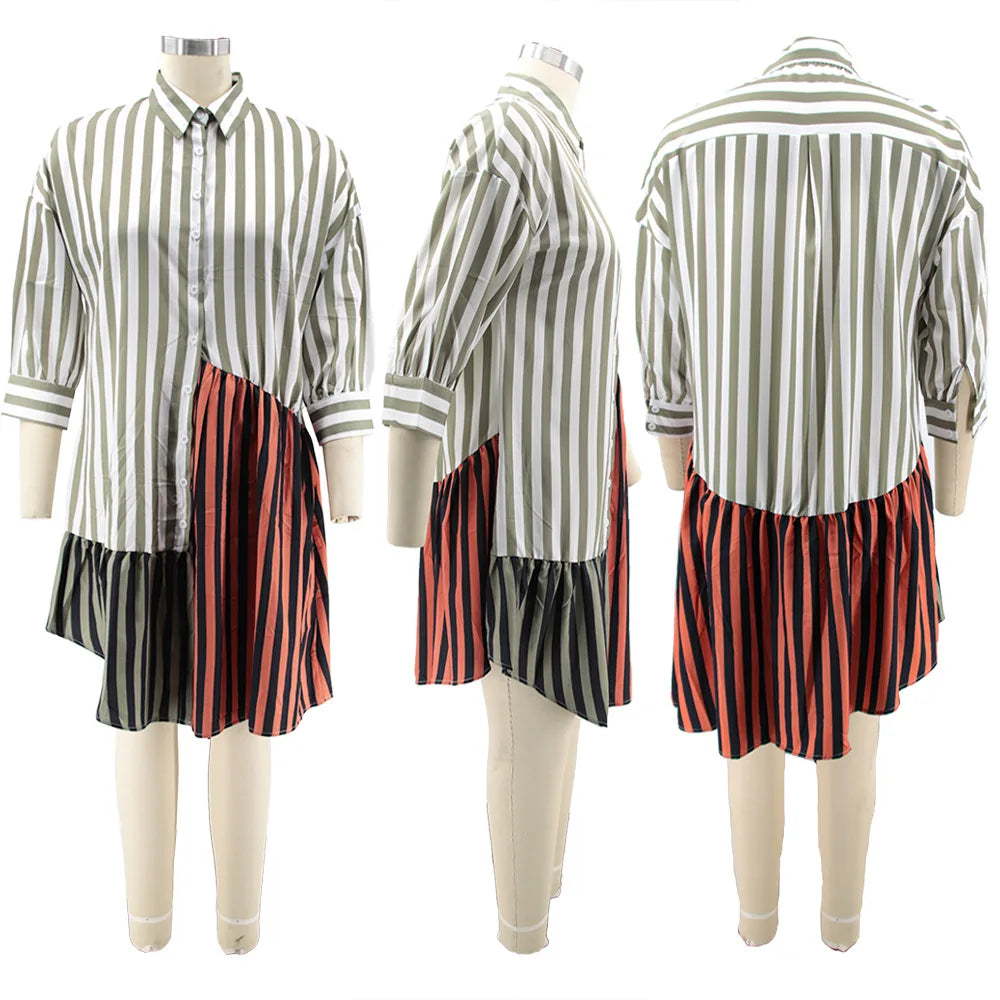 Streetwear Patchwork Striped Office Lady Shirts Midi Dresses