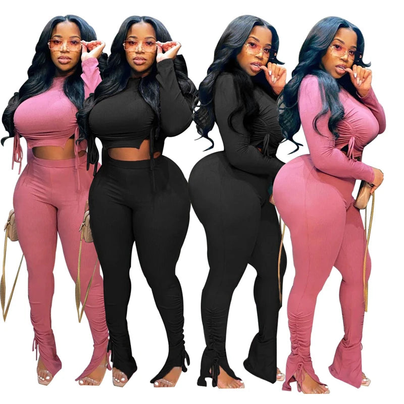 Sexy Plus Size Women Clothing Ribbed Long Sleeve Crop Top and Pants Sets Bodycon Ladies 2 Piece Outfits Wholesale Dropshipping