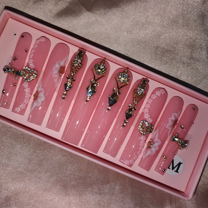 Wholesale Handmade Short Artificial Acrylic French Press Nails Luxury Coffin Style False Nail Tips Rhinestones for Fingers Salon