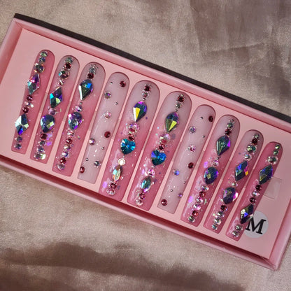 Wholesale Handmade Short Artificial Acrylic French Press Nails Luxury Coffin Style False Nail Tips Rhinestones for Fingers Salon