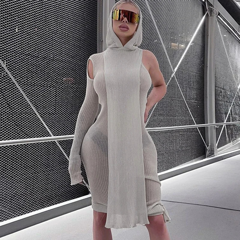 Ribbed Hooded One Sleeve Knit Asymmetric Midi Dresses Baddie Clothes