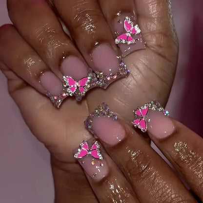 Wholesale Handmade Short Artificial Acrylic French Press Nails Luxury Coffin Style False Nail Tips Rhinestones for Fingers Salon