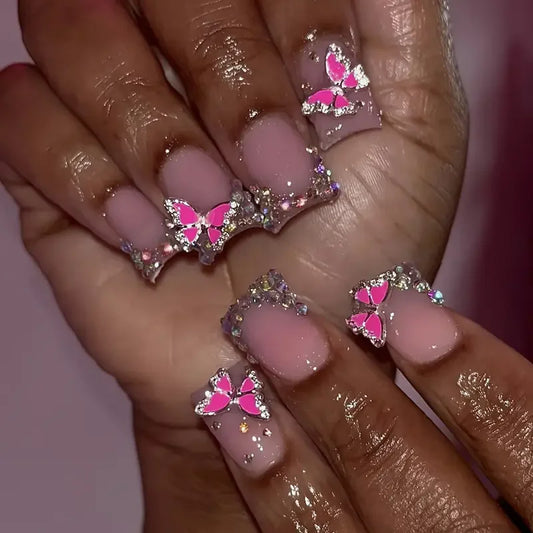 Wholesale Handmade Short Artificial Acrylic French Press Nails Luxury Coffin Style False Nail Tips Rhinestones for Fingers Salon