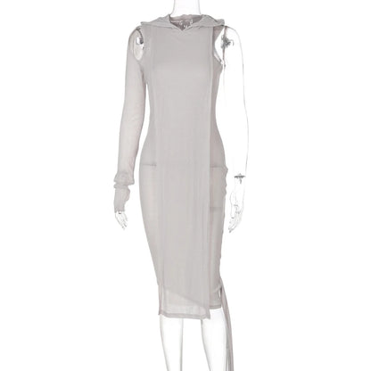 Ribbed Hooded One Sleeve Knit Asymmetric Midi Dresses Baddie Clothes