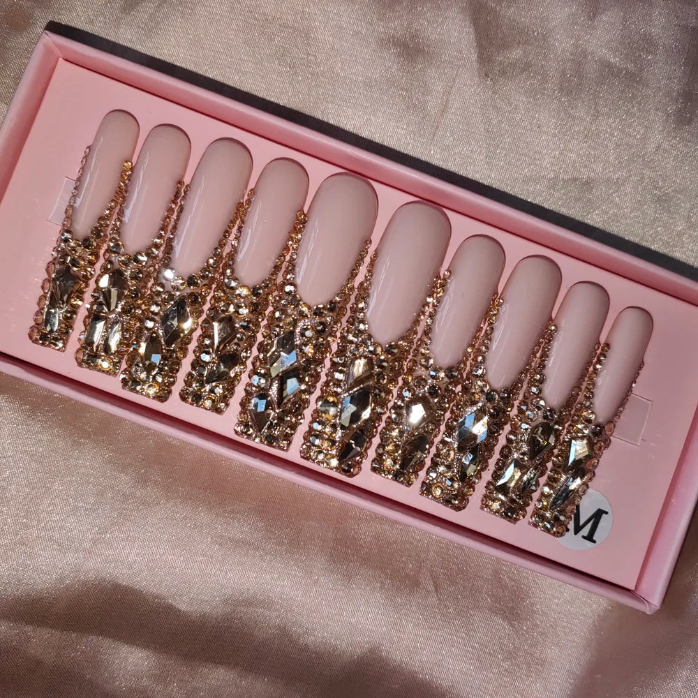 Wholesale Handmade Short Artificial Acrylic French Press Nails Luxury Coffin Style False Nail Tips Rhinestones for Fingers Salon
