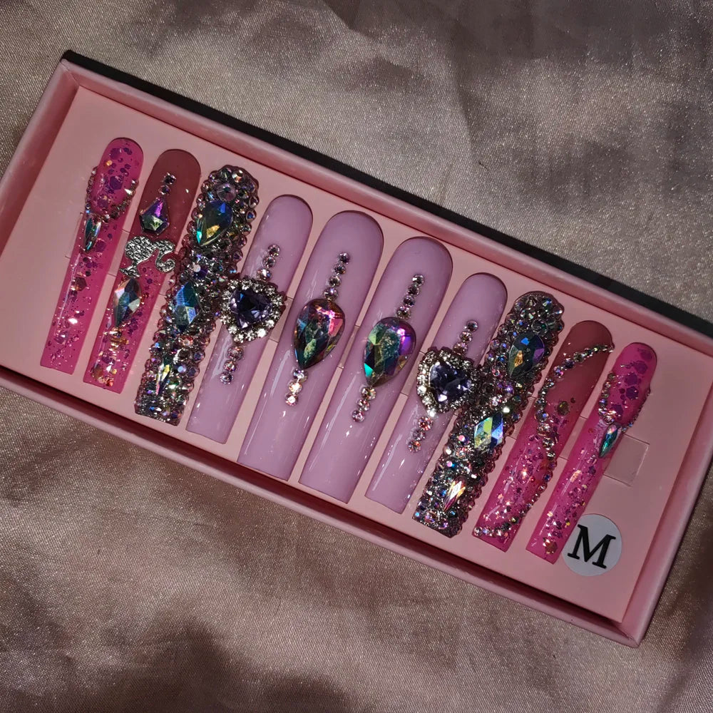 Wholesale Handmade Short Artificial Acrylic French Press Nails Luxury Coffin Style False Nail Tips Rhinestones for Fingers Salon