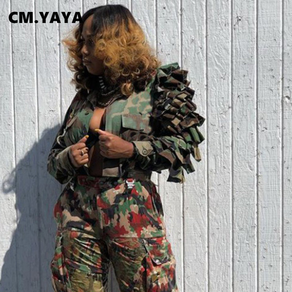 Daisha Camouflage Ruffles Flare Sleeve Button Up Military Jackets