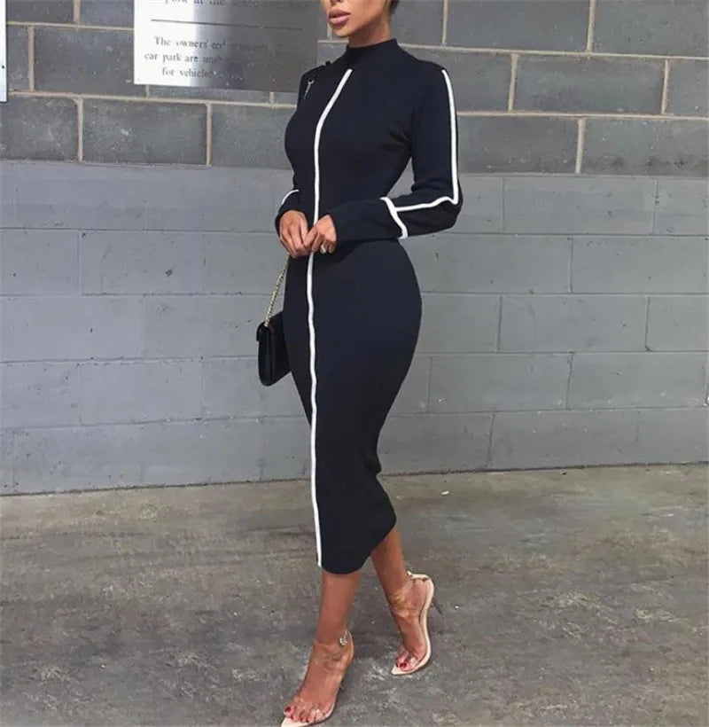 Tight All-around Contrast Slim Fit Midi Dresses