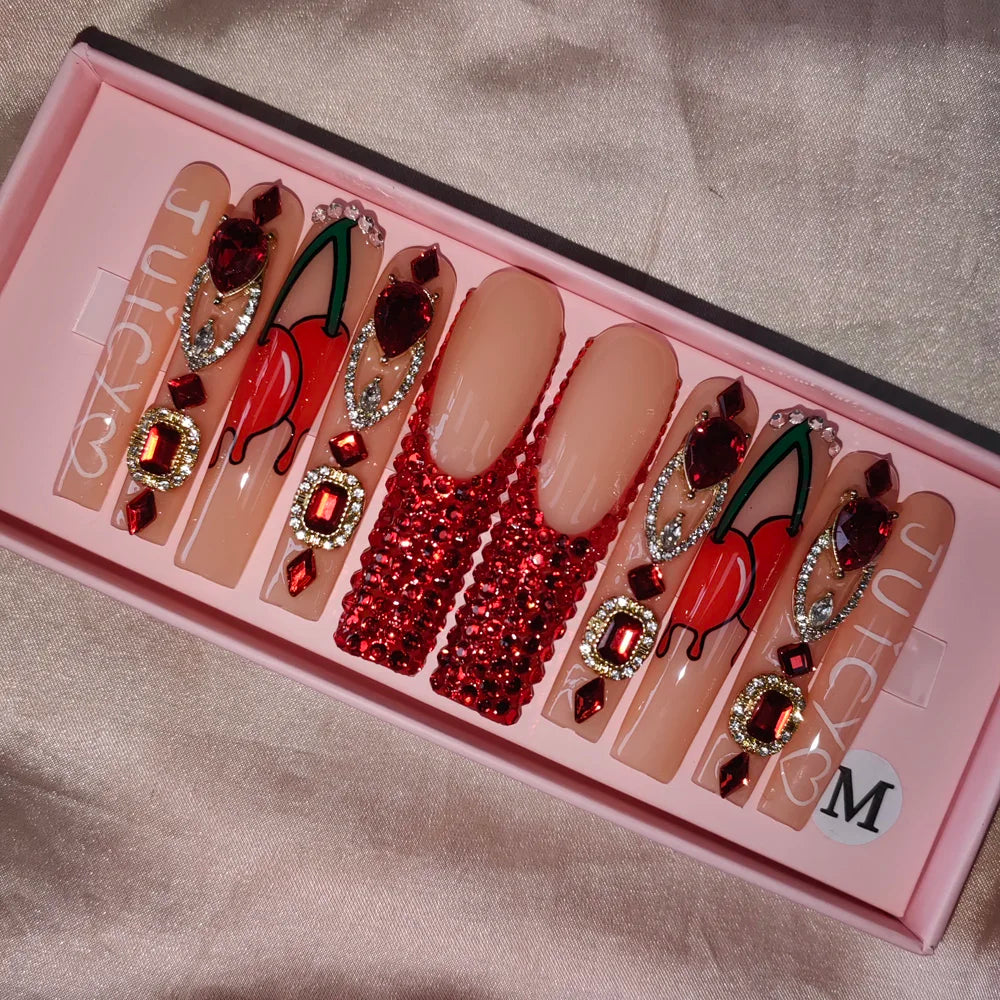 Wholesale Handmade Short Artificial Acrylic French Press Nails Luxury Coffin Style False Nail Tips Rhinestones for Fingers Salon