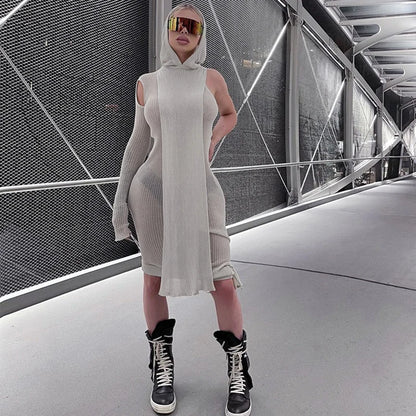 Ribbed Hooded One Sleeve Knit Asymmetric Midi Dresses Baddie Clothes