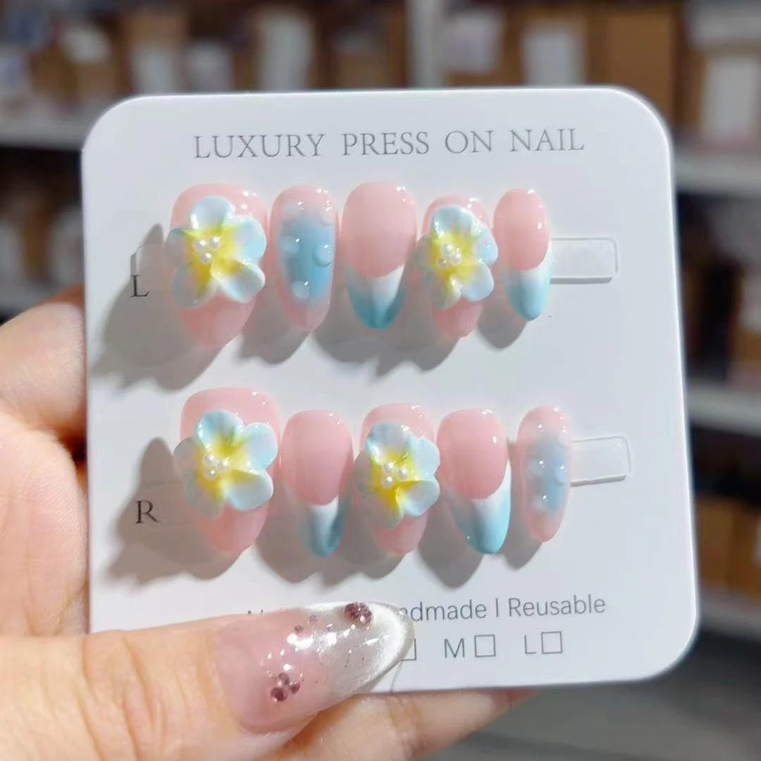 Hot Sale 3D Handmade 10pcs ABS Almond Design Press-On False Nails Fashionable Model Custom Flower Carving Soft Material