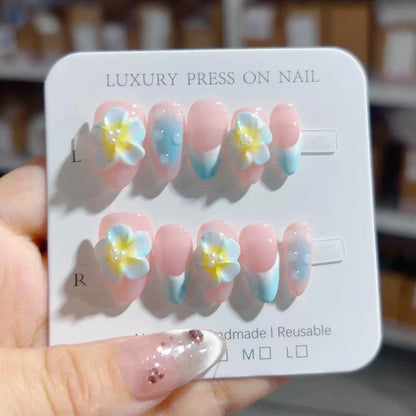 Hot Sale 3D Handmade 10pcs ABS Almond Design Press-On False Nails Fashionable Model Custom Flower Carving Soft Material