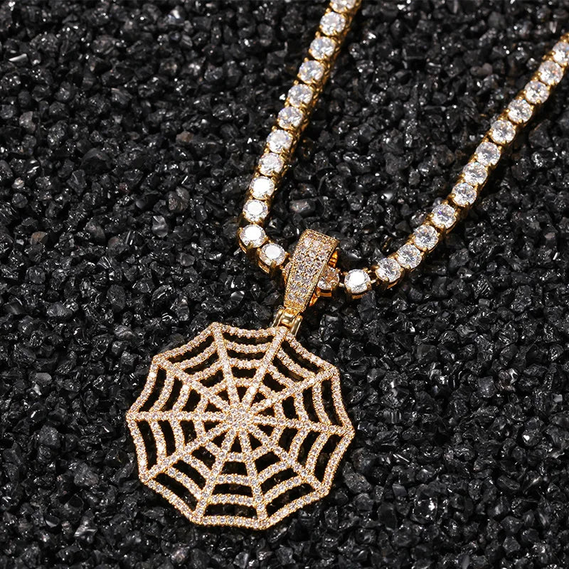 Claw Setting AAA+ CZ Stone Paved Bling Iced Out Spider Web Pendants Necklaces