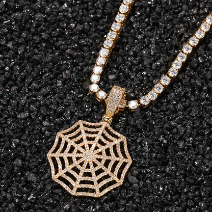 Claw Setting AAA+ CZ Stone Paved Bling Iced Out Spider Web Pendants Necklaces