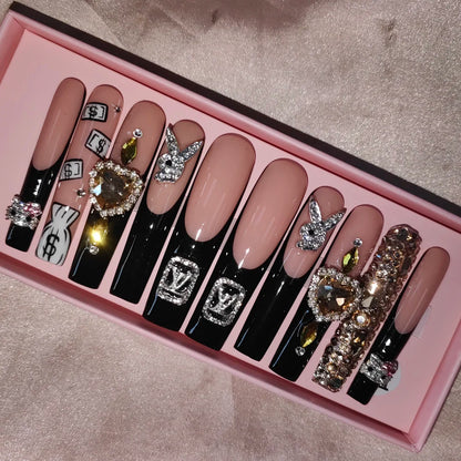 Wholesale Handmade Short Artificial Acrylic French Press Nails Luxury Coffin Style False Nail Tips Rhinestones for Fingers Salon