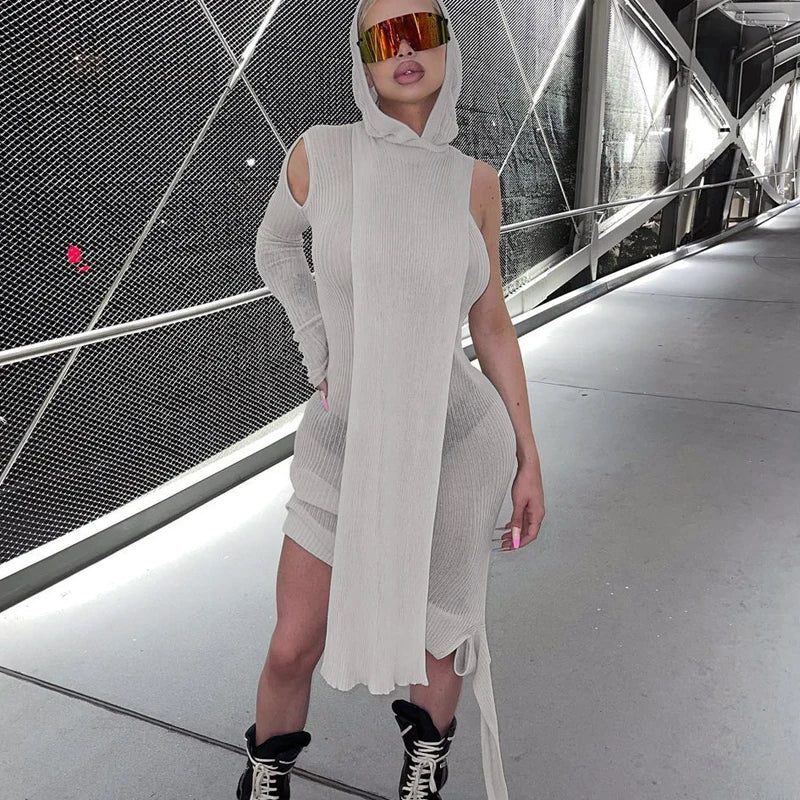 Ribbed Hooded One Sleeve Knit Asymmetric Midi Dresses Baddie Clothes
