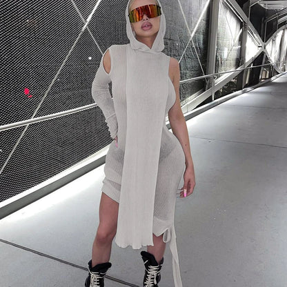 Ribbed Hooded One Sleeve Knit Asymmetric Midi Dresses Baddie Clothes