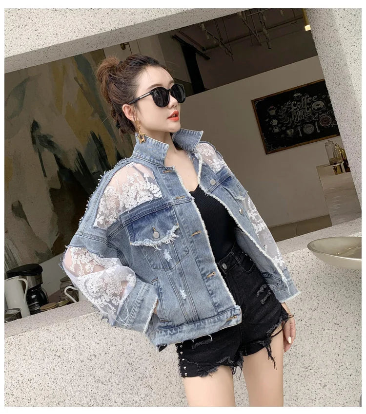 Pircilia Embroidery Lace Patchwork Denim Loose Jeans Coat