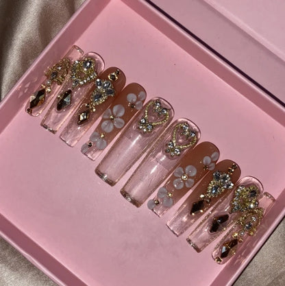 Exclusive Elegant French Design Private Label Short Matte Handmade Press Nails Fake Full Cover Rhinestone Acrylic Artificial