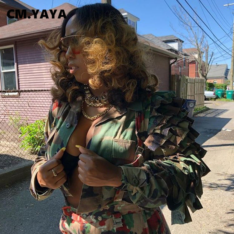 Daisha Camouflage Ruffles Flare Sleeve Button Up Military Jackets