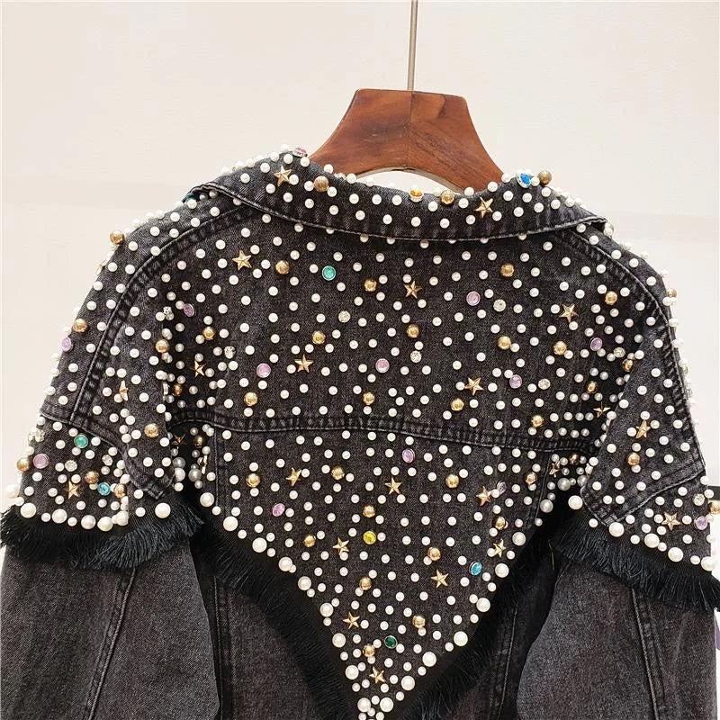 Gracie Hand-studded Pearls Punk Loose Short Jeans Coats