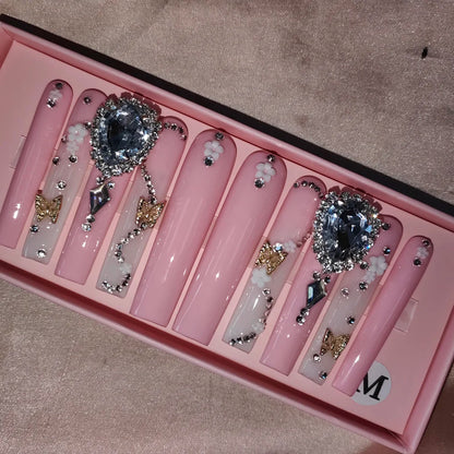 Wholesale Handmade Short Artificial Acrylic French Press Nails Luxury Coffin Style False Nail Tips Rhinestones for Fingers Salon