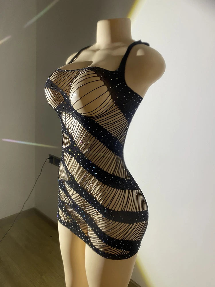 Hot Rhinestones Lingerie Diamond Fishnet Dress