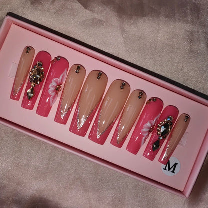 Wholesale Handmade Short Artificial Acrylic French Press Nails Luxury Coffin Style False Nail Tips Rhinestones for Fingers Salon