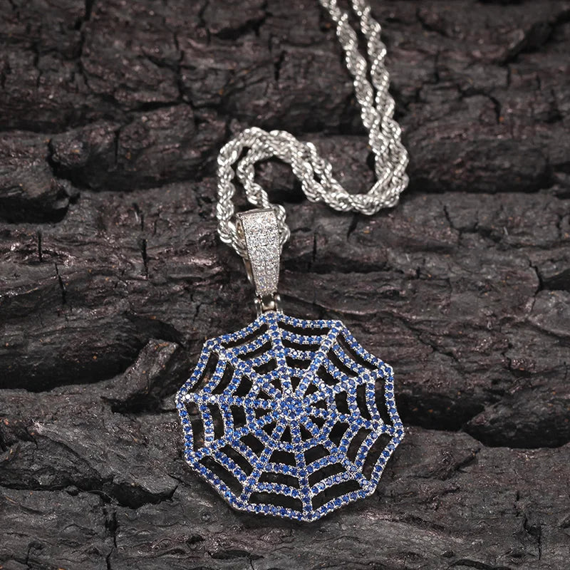 Claw Setting AAA+ CZ Stone Paved Bling Iced Out Spider Web Pendants Necklaces