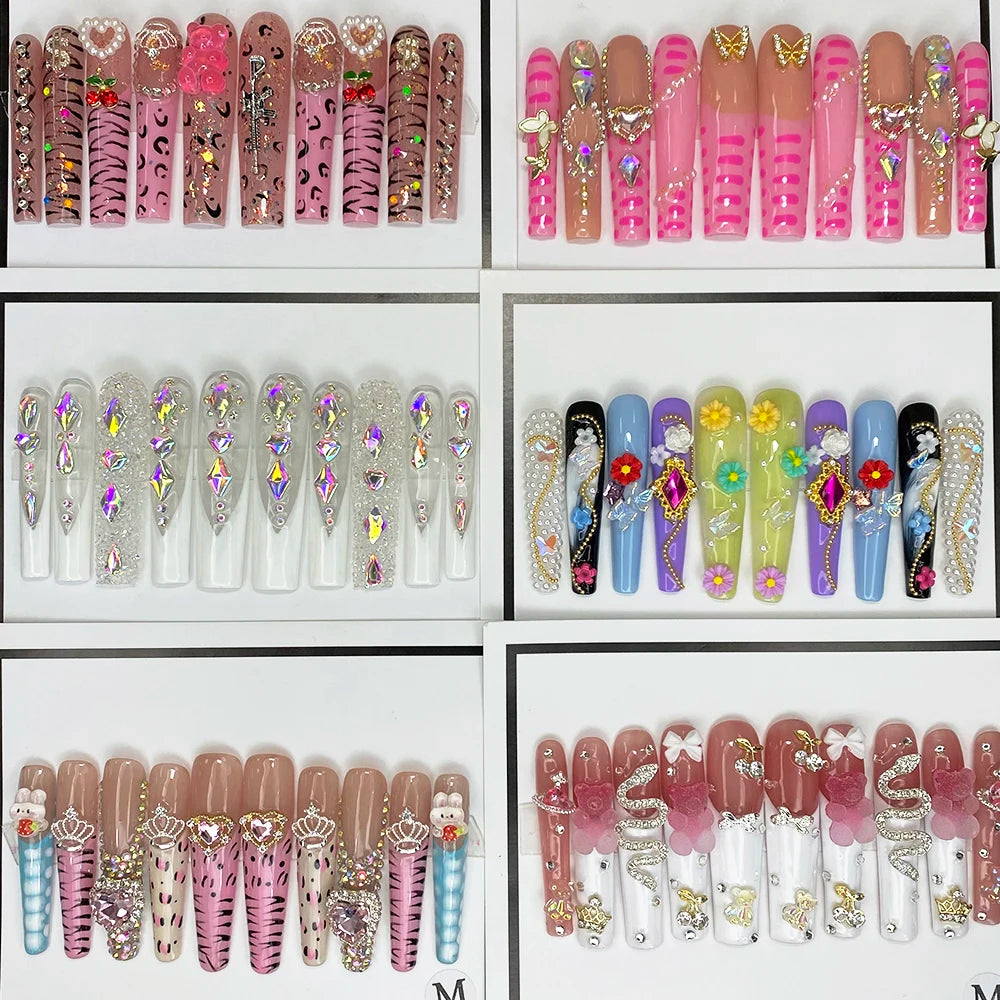 Wholesale Best Quality Durable Acrylic Handmade False Press on Nails 10PCS Luxury Long Ballerina Artificial Fingernail with Glue