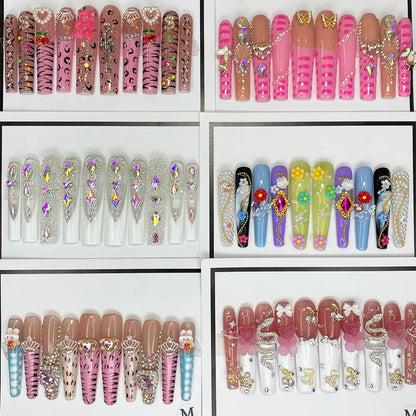 Wholesale Best Quality Durable Acrylic Handmade False Press on Nails 10PCS Luxury Long Ballerina Artificial Fingernail with Glue