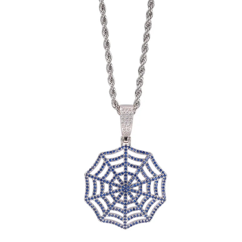 Claw Setting AAA+ CZ Stone Paved Bling Iced Out Spider Web Pendants Necklaces