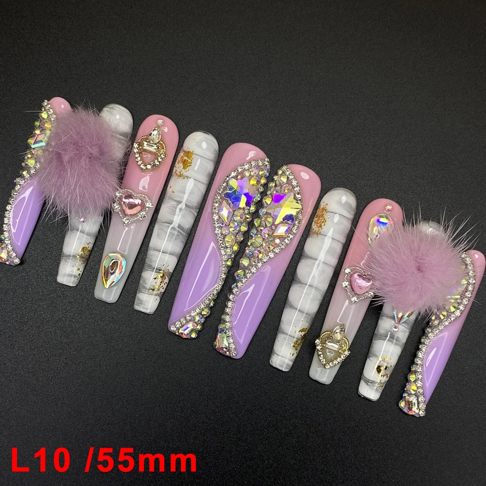 Wholesale Best Quality Durable Acrylic Handmade False Press on Nails 10PCS Luxury Long Ballerina Artificial Fingernail with Glue